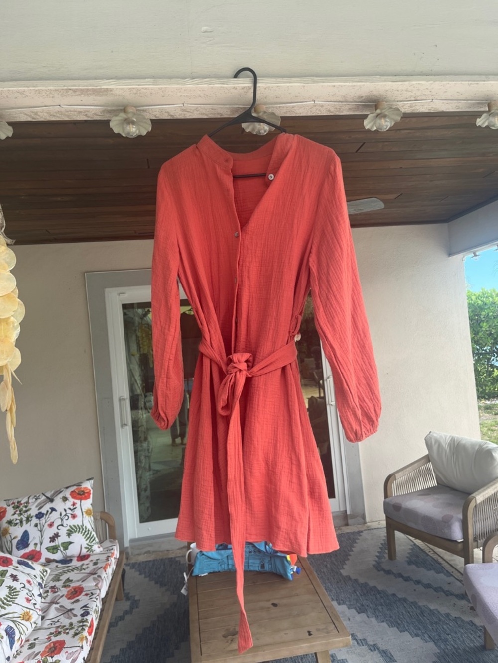 Women's red brick Tie-Waist Long Sleeve Dress